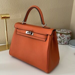 Top Handle Belted Satchel 25cm Orange Leather Inside Out